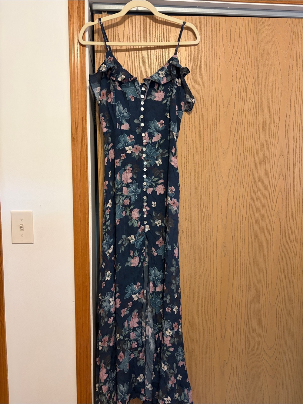 Navy Floral Button-Front Ruffle Maxi Dress